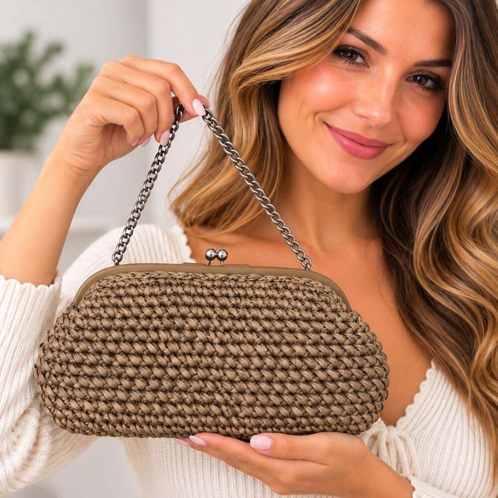 Vintage Woven Straw Clutch Purse Taupe Brown Chain Handle Kiss Lock Evening Bag